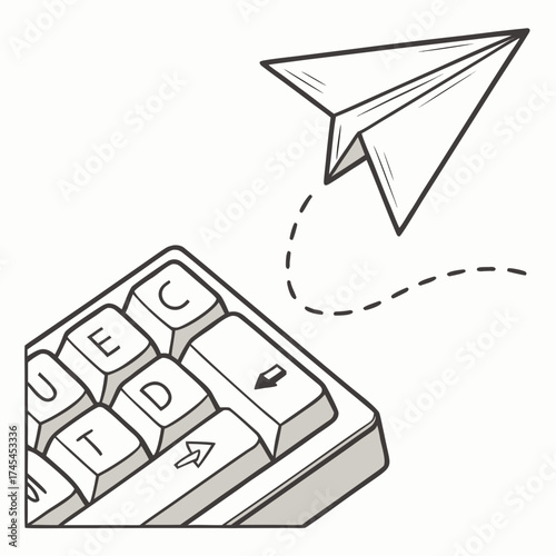 Hand drawn sketch of a paper airplane taking flight from a computer keyboard symbolizing digital communication and sending messages online
