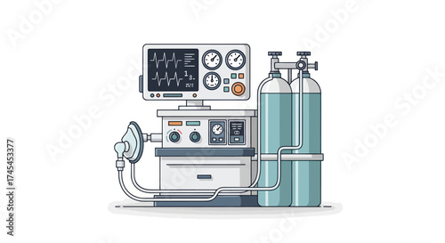 A detailed illustration of a medical ventilator machine with an oxygen mask and two blue oxygen cylinders.
