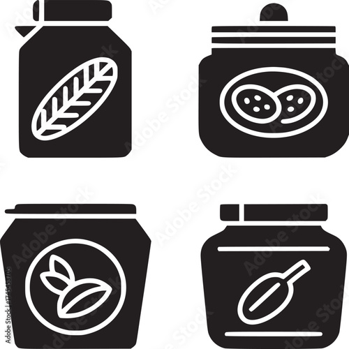 Four jars with different food item icons displayed in a black and white vector illustration style