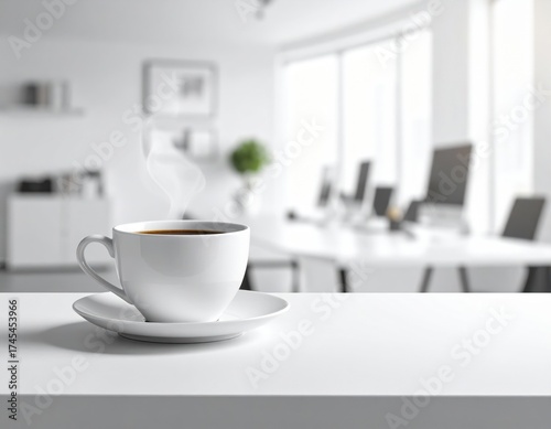 Wallpaper Mural Steaming Coffee Cup on White Surface in Bright Modern Office Setting Blurred Background Torontodigital.ca