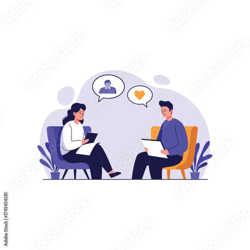 Therapist and patient in a counseling session discussing mental health and emotional well being with speech bubbles indicating communication and care