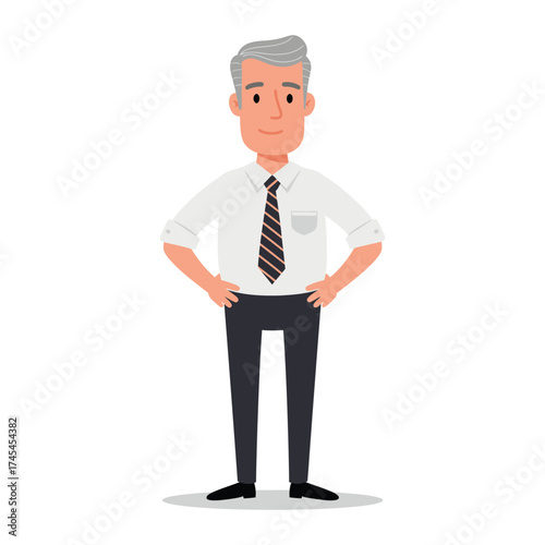Friendly cartoon illustration of a smiling confident older businessman with grey hair standing with hands on hips