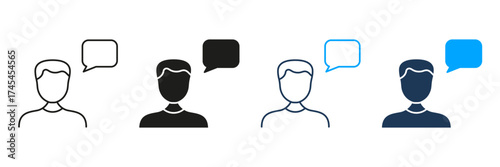 Person With Speech Bubble Line And Solid Icon Set. Communication, Dialogue, And Conversation Symbol Collection. Social Interaction And Messaging. Isolated Vector Illustration