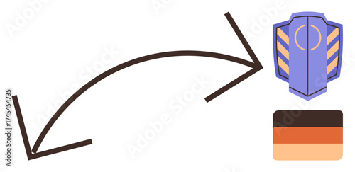 Arrows linking a protective shield shape to a gradient-colored rectangle, symbolizing a process, change, or transformation. Ideal for security, transfer, progression, interconnection, motion