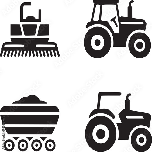 A collage of four black and white farm equipment icons on a white background in a square format