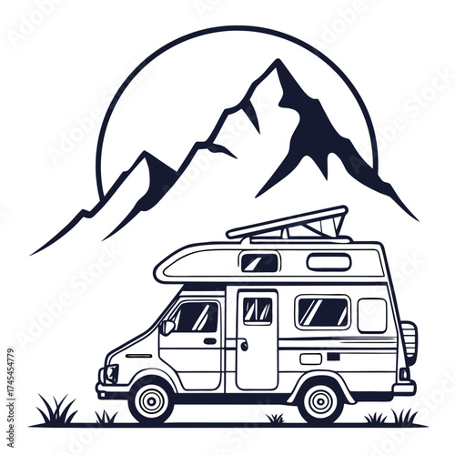 Stylized line art illustration of a camper van parked in the wilderness with a majestic mountain range and circular horizon behind