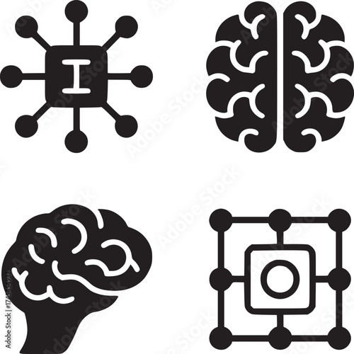 A collage of ai icons featuring a processor a brain a neural network and a connected data structure