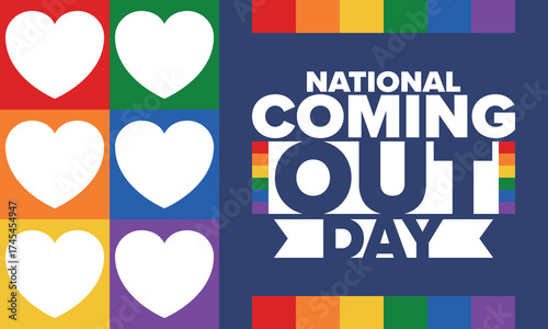 National Coming Out Day. Happy holiday. Pride month. LGBT rainbow flag. Diversity and equality. Gay and lesbian. Free love, heart shape. Illustration. Vector poster
