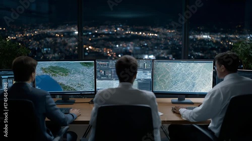A control center team monitoring energy, traffic, and safety systems, symbolizing efficiency, teamwork, and digital transformation. three-quarter wide angle, cinematic color correction, gentle