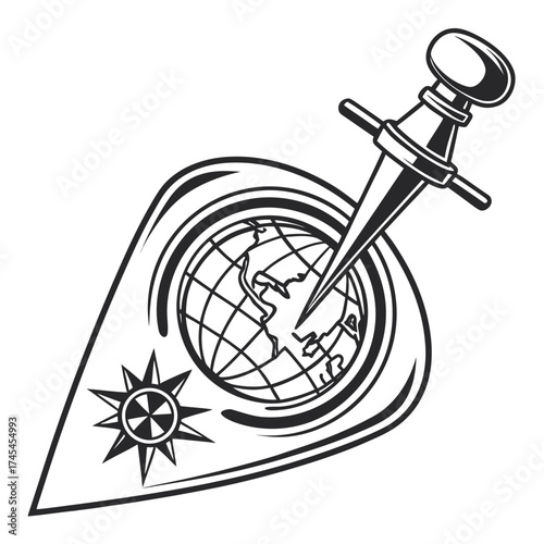 Global pinpoint destination concept symbolizing travel exploration and navigation with a compass rose and stylized globe
