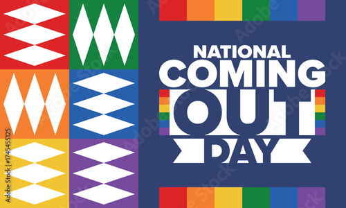 National Coming Out Day. Happy holiday. Pride month. LGBT rainbow flag. Diversity and equality. Gay and lesbian. Free love, heart shape. Illustration. Vector poster