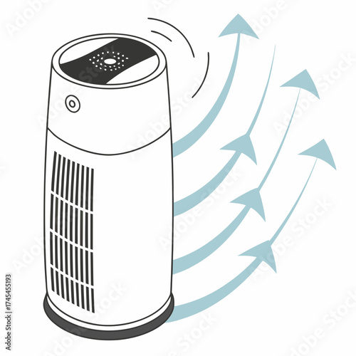 Modern air purifier with clean air circulation and purification technology emitting fresh air arrows for improved indoor environment and health