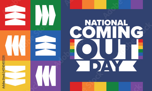 National Coming Out Day. Happy holiday. Pride month. LGBT rainbow flag. Diversity and equality. Gay and lesbian. Free love, heart shape. Illustration. Vector poster