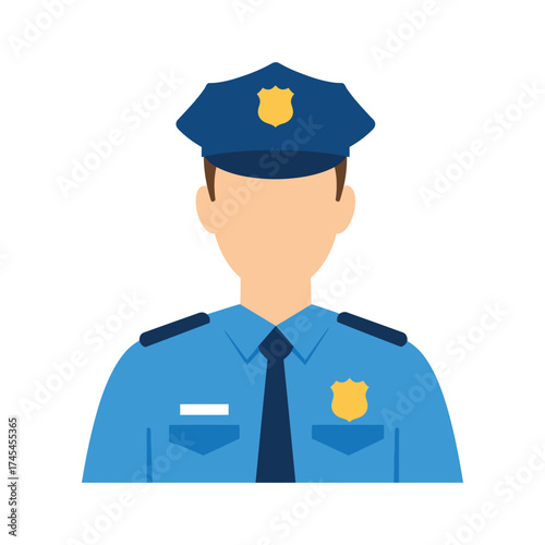 Illustration of a male police officer in uniform with a blue cap and badge representing law enforcement and public safety