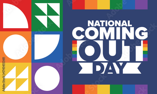 National Coming Out Day. Happy holiday. Pride month. LGBT rainbow flag. Diversity and equality. Gay and lesbian. Free love, heart shape. Illustration. Vector poster