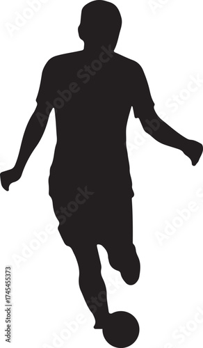 Silhouette of a soccer player kicking a ball in motion.

A black silhouette of a male soccer player in mid-kick, with his body angled and leg extended to strike the ball.

