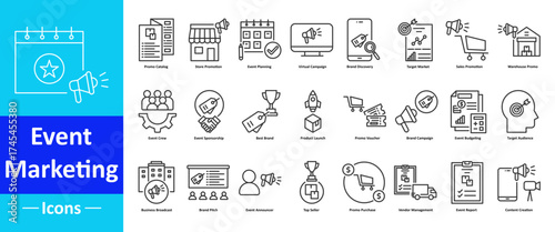Icon Pack of Event Marketing in Creative Outline Vector Style for Brand Promotion Business Advertising Product Launch Corporate Event Digital Campaign and Social Media Design