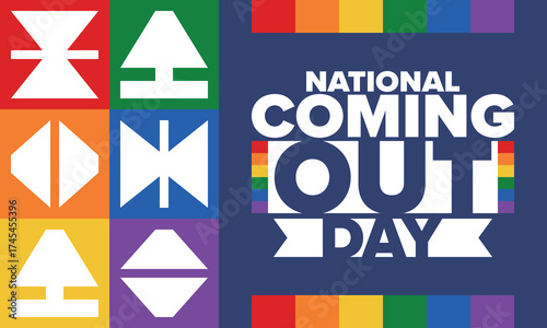 National Coming Out Day. Happy holiday. Pride month. LGBT rainbow flag. Diversity and equality. Gay and lesbian. Free love, heart shape. Illustration. Vector poster