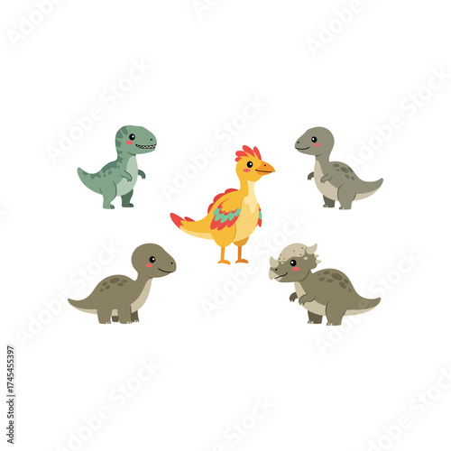 Adorable cartoon dinosaurs with big eyes and friendly expressions in a playful arrangement on a white background