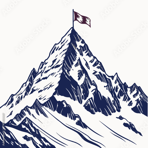 A solitary flag planted triumphantly atop a majestic snow capped mountain peak symbolizing achievement and reaching the summit