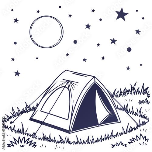 A simple line drawing of a tent pitched on grass under a starry night sky with a large moon and copy space
