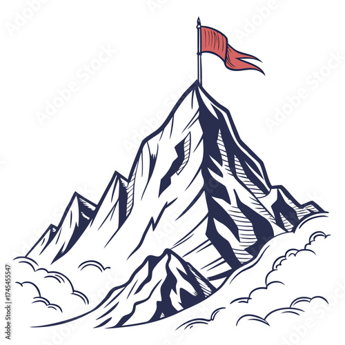 A stylized illustration of a majestic mountain peak crowned with a red flag symbolizing achievement and success amidst swirling clouds