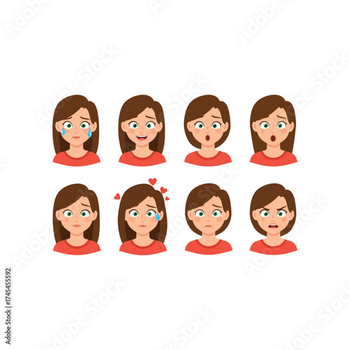 Collection of eight diverse female facial expressions showing a range of emotions from sadness to anger and surprise