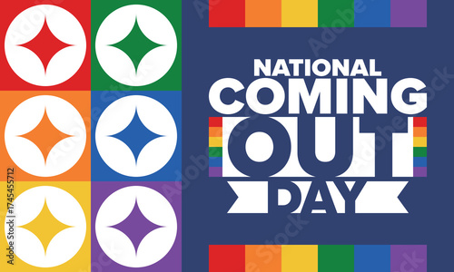 National Coming Out Day. Happy holiday. Pride month. LGBT rainbow flag. Diversity and equality. Gay and lesbian. Free love, heart shape. Illustration. Vector poster