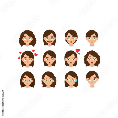 Collection of diverse female facial expressions showing emotions like surprise joy love and confusion