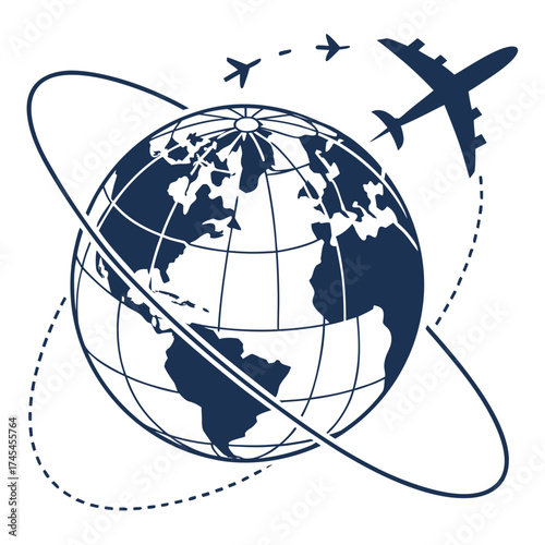 Global travel concept with airplanes flying around a stylized earth globe showing continents and flight paths symbolizing international journeys and air transportation