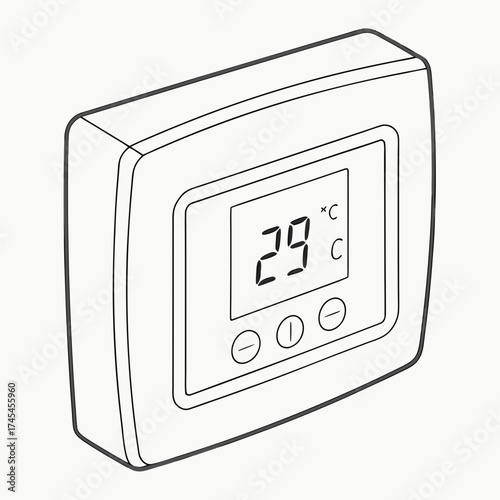 Modern digital thermostat with a clear lcd display showing 29 degrees celsius and three control buttons for temperature adjustment and settings
