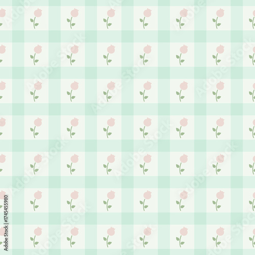 Seamless pastel-colored checkered and flower vector pattern. Gingham tablecloth with flora pattern texture for textiles, cards, stationery, phone cases, paper gifts, wallpaper, and wrapping.