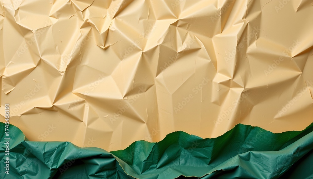 Fototapeta premium An abstract piece of art with crumpled yellow paper serving as a texture rich background, overlaid with a wavy green pattern creating a sense of depth and movement.