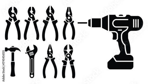 Black silhouette of assorted hand tools and power drill on white background pliers