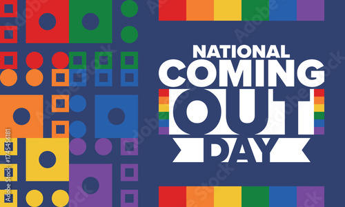 National Coming Out Day. Happy holiday. Pride month. LGBT rainbow flag. Diversity and equality. Gay and lesbian. Free love, heart shape. Illustration. Vector poster