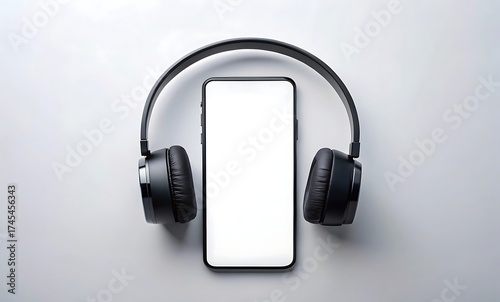 Modern black headphones resting around a blank white screen smartphone on a light gray background