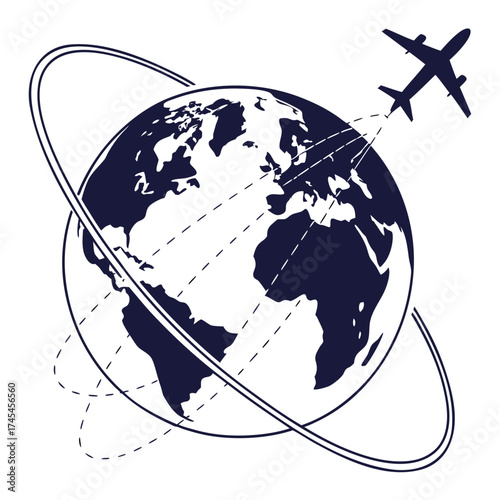 Silhouette of an airplane flying around a stylized globe with dashed lines indicating flight paths and orbital rings