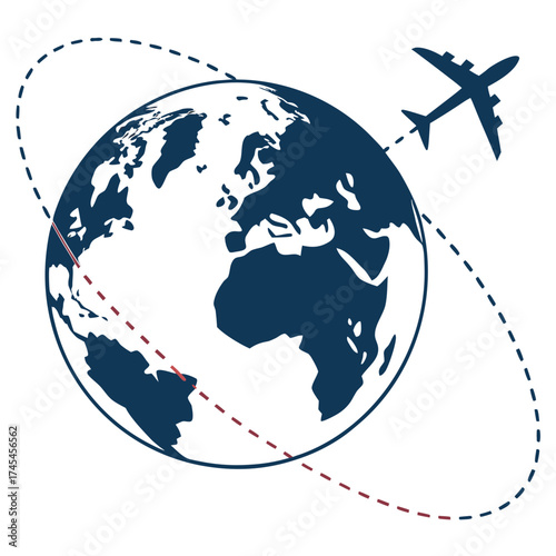 An airplane flies around the globe leaving a dashed line path indicating a journey across continents and oceans on a white background