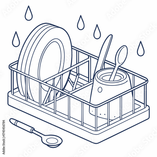 Simple line art illustration of a dish drying rack with plates and utensils under dripping water drops