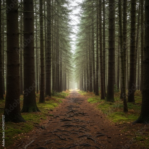 Pathway Through Dense Green Forest with Tall Trees and Light Mist at End