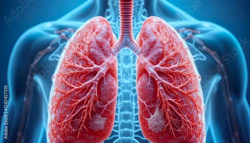 A detailed 3D medical illustration of human lungs showing bronchi and blood vessels, highlighting the respiratory system with glowing red and blue tones for scientific visualization