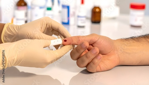 Close-up of a medical professional performing a finger prick blood test on a patient during a routine health screening and medical examination in a clinic