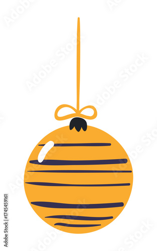 Christmas ornament, tree decoration, bauble, ball isolated on transparent. Hand drawn flat vector illustration. Traditional holiday, Xmas, New Year, seasonal design element, clip art