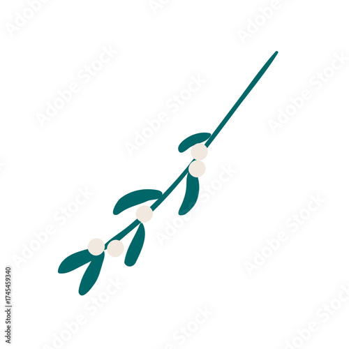 Single mistletoe branch with leaves, berries isolated on transparent. Hand drawn flat vector illustration. Traditional holiday, Xmas, New Year, seasonal design element, clip art