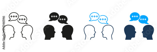 Two People Communicating With Speech Bubbles Line And Solid Icon Set. Dialogue, Conversation, And Communication Symbol Collection. Interpersonal Interaction. Isolated Vector Illustration