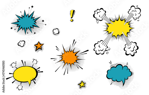 Speech bubbles with halftone shadows in cartoon, comic style.