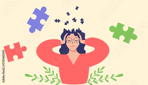 Frustrated woman suffers from migraine, stress, memory loss.