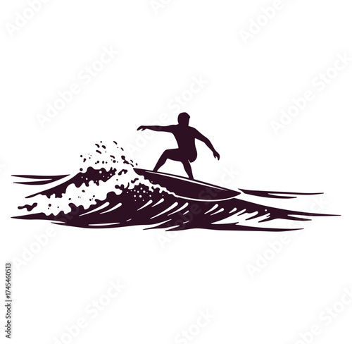 Silhouette of a surfer riding a wave during a sunny day in the ocean or sea
