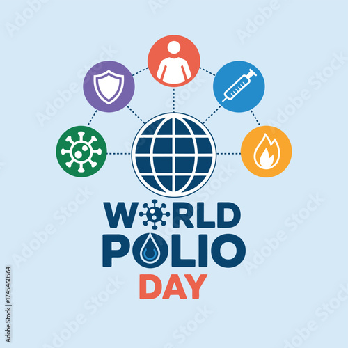 Vector art of world polio day illustration with globe and icons representing health, protection, and disease eradication efforts