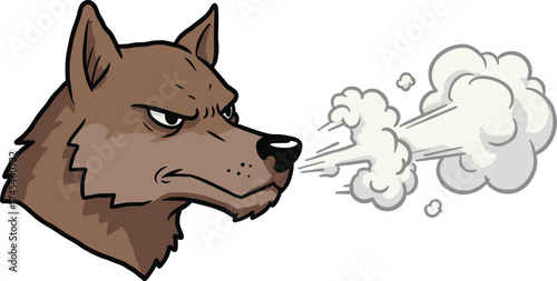 Angry wolf cartoon head blowing out steam from nose expressing rage and aggression in wild animal vector illustration design
